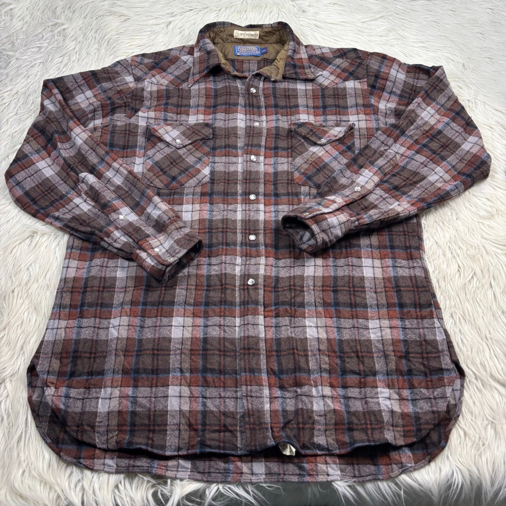 Vintage Pendleton Men's XL LONG Brown Gray Plaid Wool Flannel Shirt Western